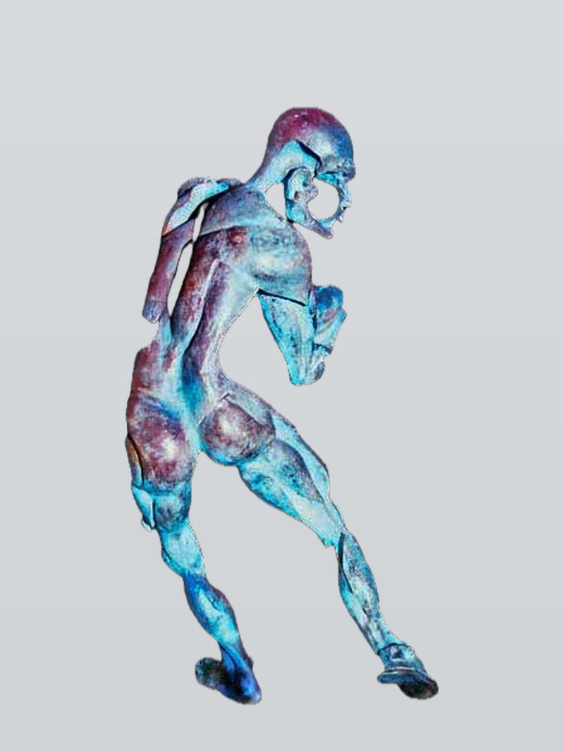 Colour variant — Rugby Player in Flight in blue-and-copper patina.